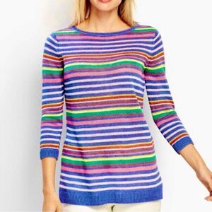 Talbots Linen Summer Sweater Multi Stripe Boat Neck Pullover Coastal Medium